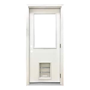 30 in. x 80 in. Reliant Series Clear Half Lite LHOS White Primed Fiberglass Prehung Front Door with Large Pet Door