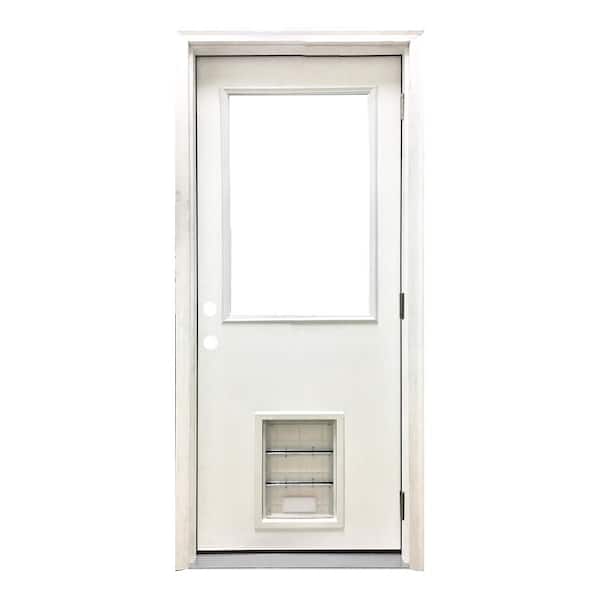 Steves & Sons 30 in. x 80 in. Reliant Series Clear Half Lite LHOS White Primed Fiberglass Prehung Front Door with Large Pet Door