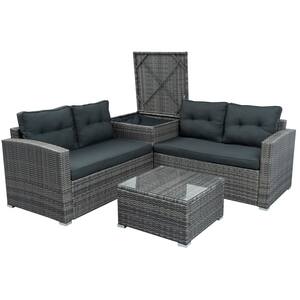 4-Piece Gray Wicker Patio Conversation Set with Large Storage Box with Gray Cushions