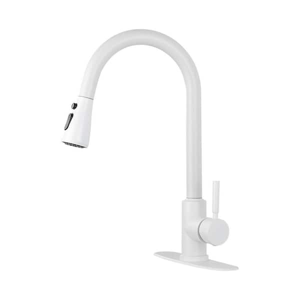 Tahanbath 16.53 in. Kitchen Faucet with Pull Out 360 Degree Spout Swivel in White