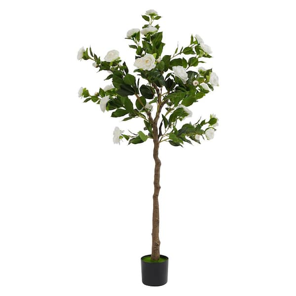 YIYIBYUS 4.9 ft. Artificial Tree Artificial Camellia Tree in Pot Outdoor Indoor Decor (White Flower)