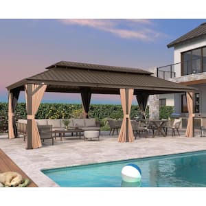 12 ft.x 24 ft.Bronze Aluminum Power-Coated Frame Galvanized Steel Double Roof Hardtop Gazebo,Hooks,Netting,Khaki Curtain