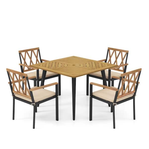 5-Piece Metal Frame Outdoor Dining Set Acacia Wood Tabletop with Umbrella Hole and Beige Cushions