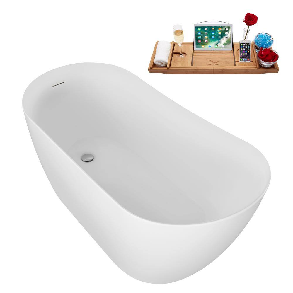 59" Glossy White Acrylic Freestanding Soaking Bathtub with Bamboo Tray