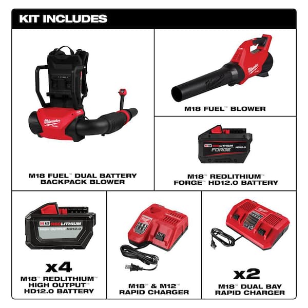 M18 FUEL 18V Brushless Cordless Dual Battery Backpack Blower Kit w/ M18 Leaf Blower, (5) 12.0 Ah Batteries, (3) Chargers
