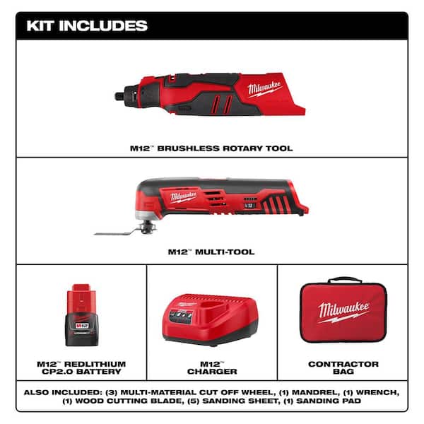 M12 12V Lithium-Ion Cordless Brushless Rotary Tool Kit with M12 12V Lithium-Ion Cordless Oscillating Multi-Tool