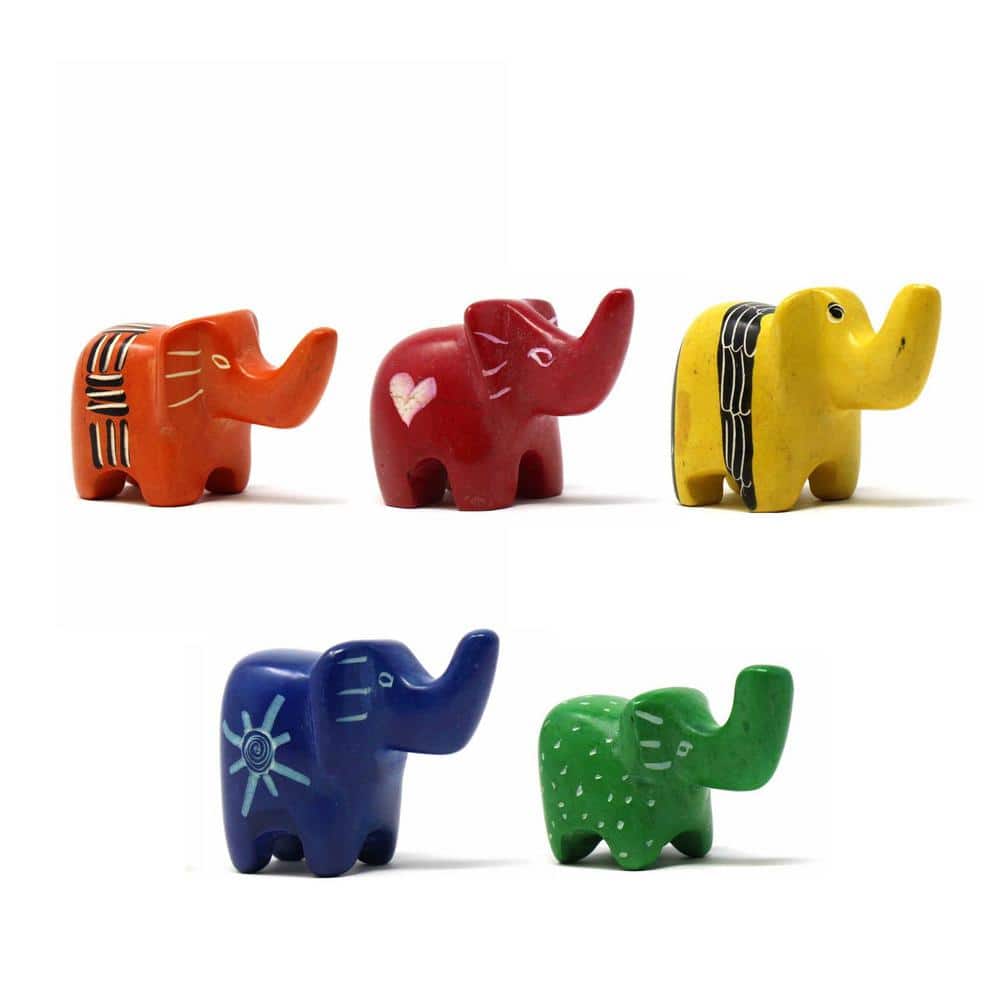 Tiny Elephants Soapstone Sculptures - Assorted Pack of 5 Multi Colors