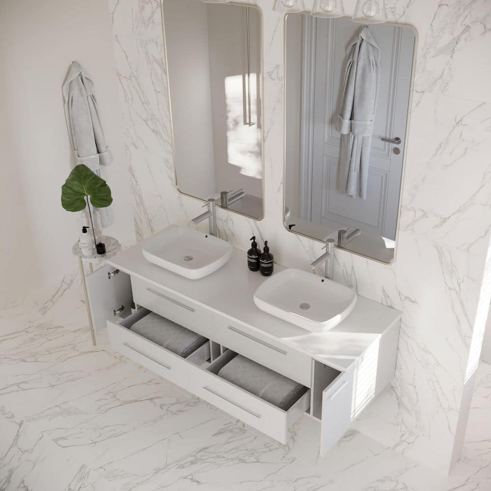Modern 60" White Quartz Stone Double Vessel Sink Wall-Mount Vanity