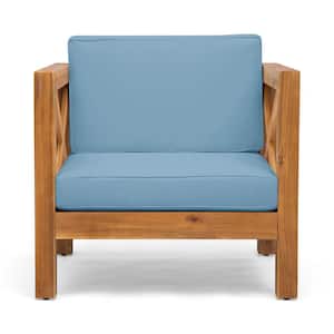 Brown Wood Outdoor Lounge Chair Blue Cushions