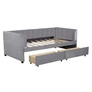 Gray Wood Twin Size Velvet Upholstered Daybed with Ergonomic Design Backrest and 2-Drawers