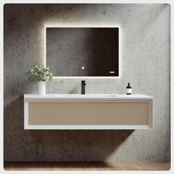 Eviva Nets 44 in. Single Sink Floating Natural Oak/White Bath Vanity with White Solid Surface Top (Assembled)