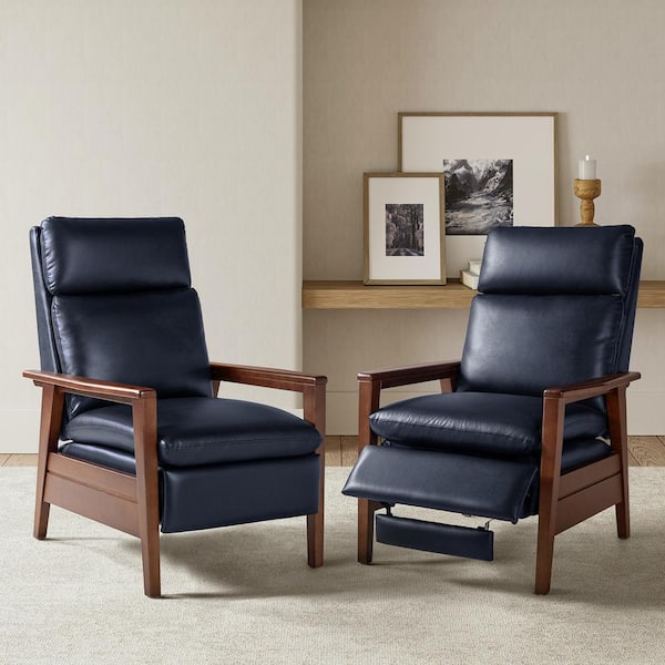 JAYDEN CREATION Paul Navy Mid-Century Modern Vegan Leather Upholstered Solid Wood Recliner Set of 2