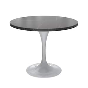 Verve Modern Dining Table with a 36 Round Sintered Stone Tabletop and White Steel Pedestal Base, Black
