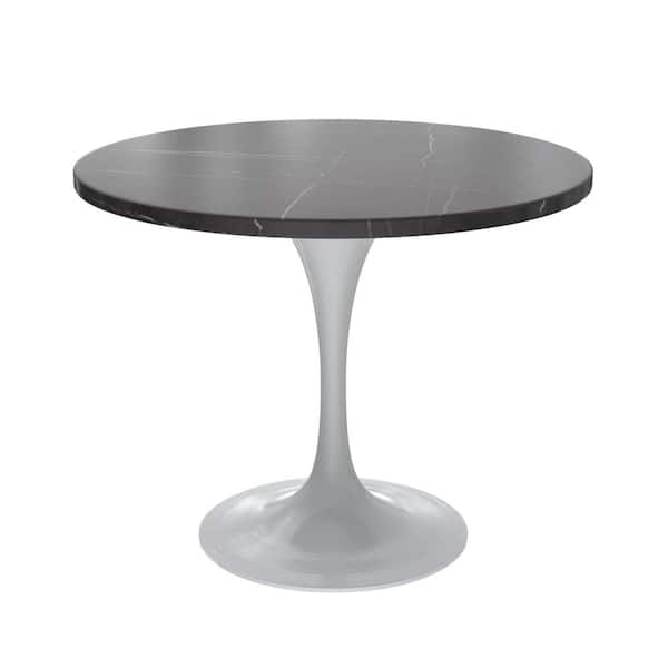 Leisuremod Verve Modern Dining Table with a 36 Round Sintered Stone Tabletop and White Steel Pedestal Base, Black