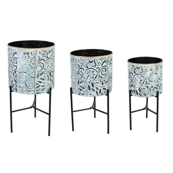Evergreen Painted Metal Planters with Stand (Set of 3)