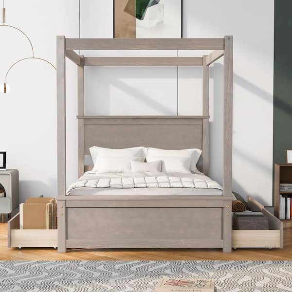 Harper & Bright Designs Brushed Light Brown Wood Frame Full Size Canopy Bed with 4-Drawers and 3-Central Support legs