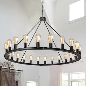 48 in. 24-Light Black Wagon Wheel Chandelier, Farmhouse Extra Large Round Chandelier