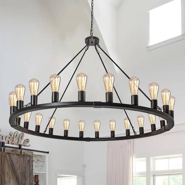 Unbranded 48 in. 24-Light Black Wagon Wheel Chandelier, Farmhouse Extra Large Round Chandelier