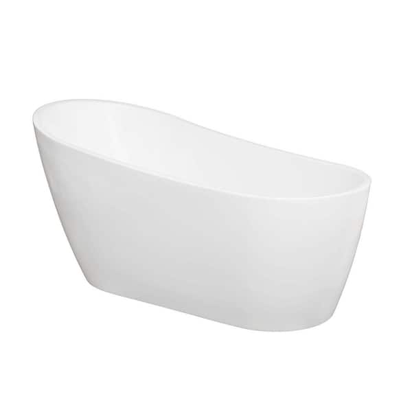 Whatseaso 55.12 in. Acrylic Flatbottom Non-Whirlpool Slipper Soaking Bathtub in White with Brass Drain and Stainless Overflow