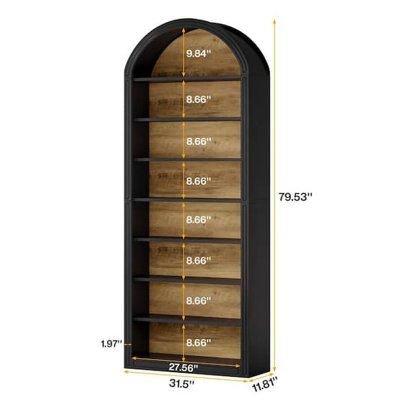 Eulas 79.5 in. Tall Black Wood 8-Shelf Standard Bookcase with Arched Top, Large Freestanding Open Bookshelf Bookcase