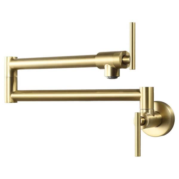 Restaurant Wall Mount Pot Filler Faucet Double Handle in Brushed Gold