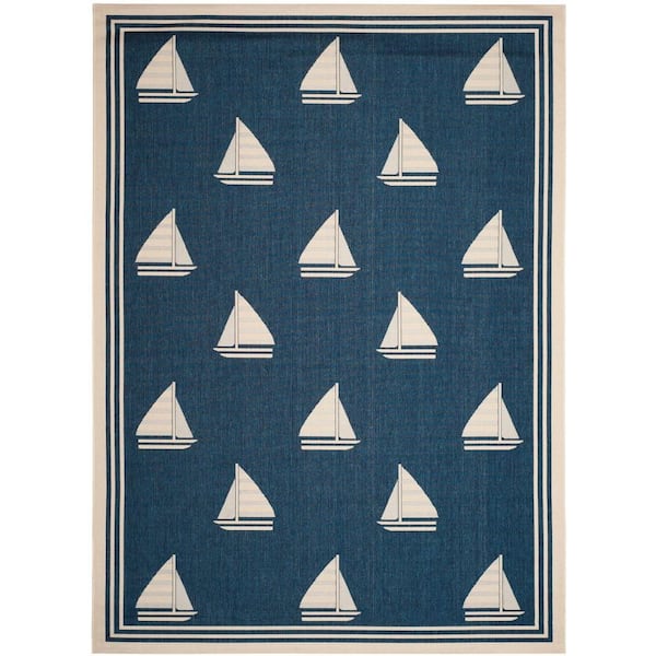 SAFAVIEH Courtyard Navy/Beige 8 ft. x 11 ft. Border Indoor/Outdoor Patio  Area Rug