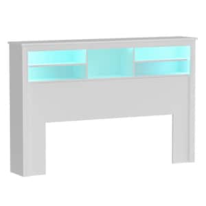 Full Queen White Wood Headboard Shelf With 5-Shelves and LED Lights