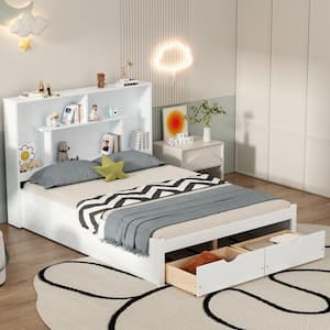 White Wood Frame Full Size Platform Bed with Storage Shelves and 2 Drawers