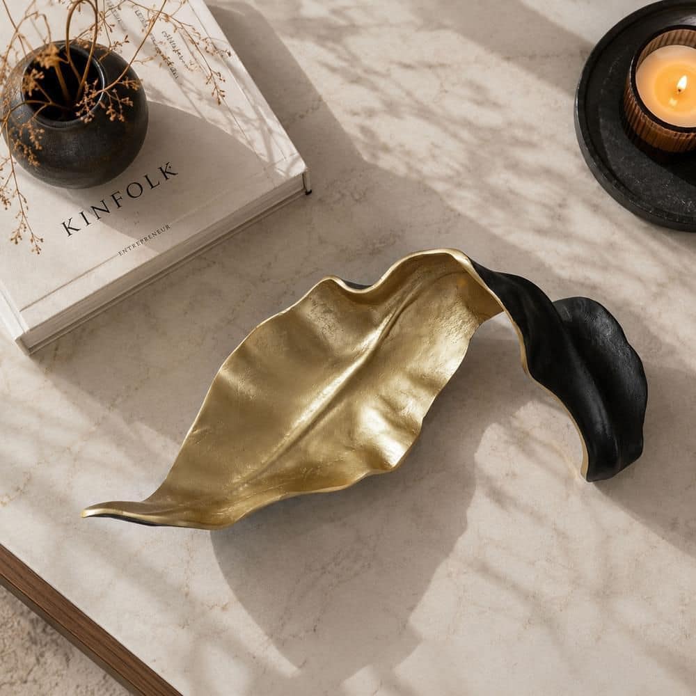 Benjara Lica Gold 18.5 in. x 6 in. Twisted Cast Aluminum Leaf