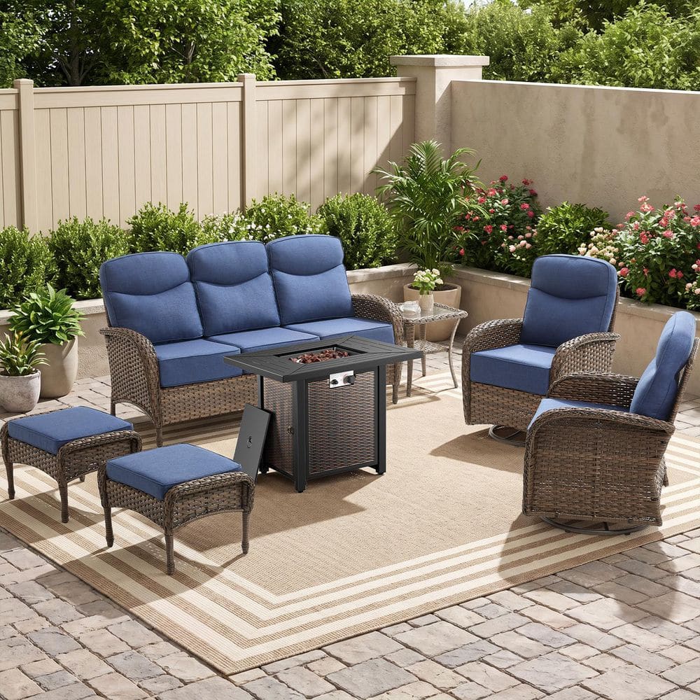 Goyal Brown 7-Piece Patio Conversation Set with 6 in. Blue Cushions, Swivel Glider Chairs and Propane Fire Pit Table price history on PriceWatchPro