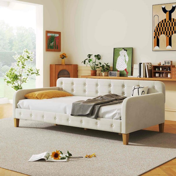 White Twin Size Upholstered Daybed with 4 Support Legs