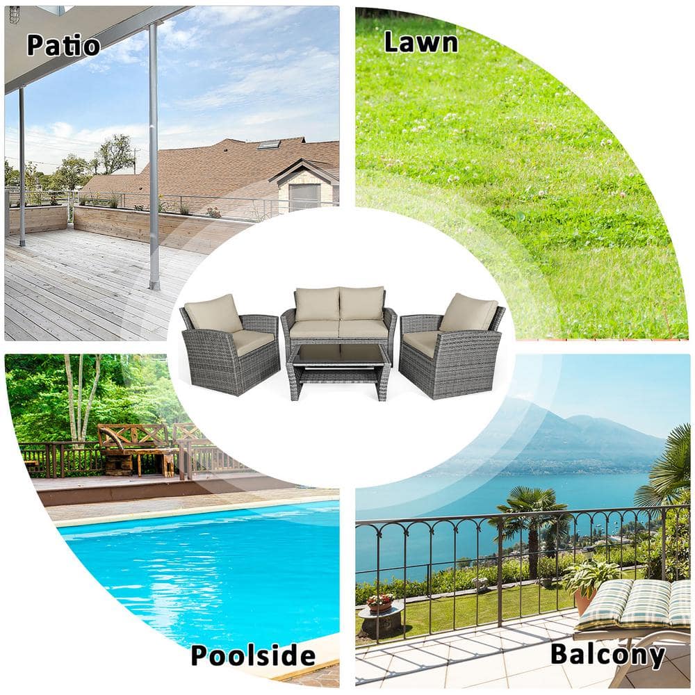 Khaki Cushioned 4-Piece Rattan Patio Conversation Set