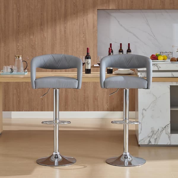 VECELO Bar Stools 25.59 in. Gray High Metal Bar Stool Counter Stool with Faux Leather Seat and Arms, Set of 2