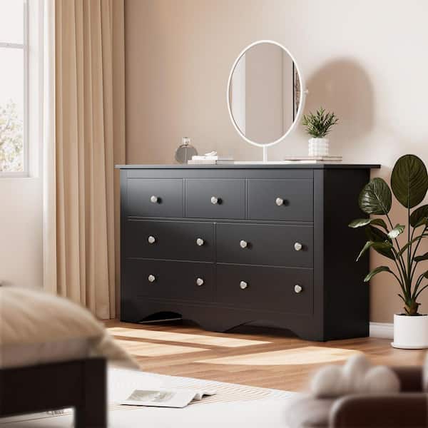 Creaser 52 in. Black MDF Dresser for Bedroom, Wide Chest of Drawers with 7-Wood Dresser Drawers
