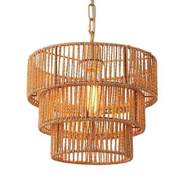 Sefinn Four Boho 1-Light Hand-Woven Rattan Round Pendant Brass Chandelier for Kitchen Island, Living Room, with No Bulbs Included