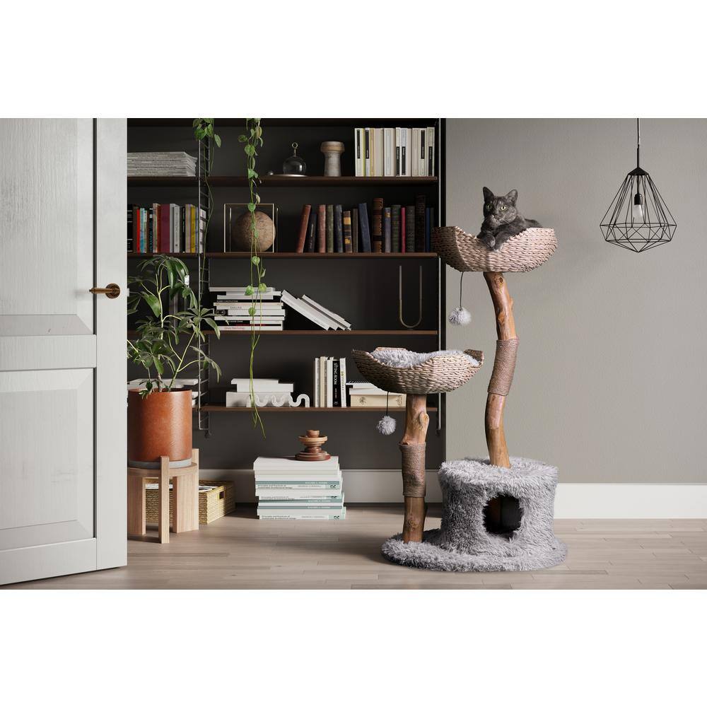 Handmade Grey Woven Rattan and Wood Cat Tree