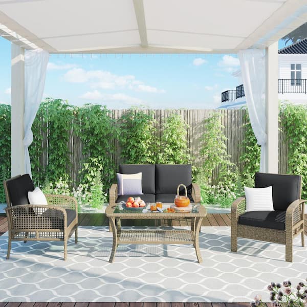 Tunearary Farmhouse Taupe 4-Piece Wicker Outdoor Patio Conversation Set with Gray Cushions