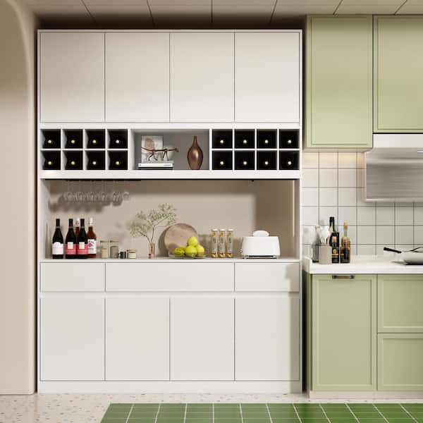 4-in-1 White Wood 63 in. W Kitchen Food Pantry Cabinet with Doors, Drawers, Adjustable Shelves and Wine Storage