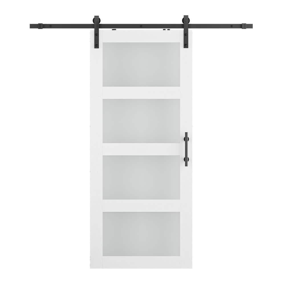 28 in. x 84 in. 4-lite Frosted Glass Prefinished White MDF Sliding Barn Doo