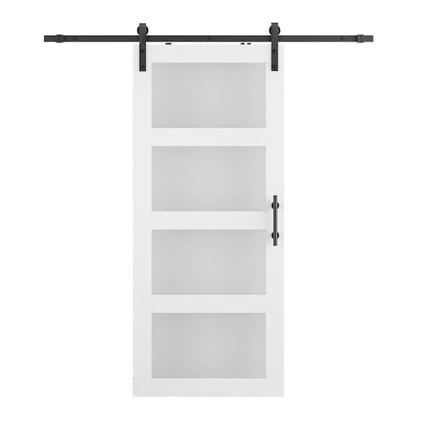 SOCBAZZAR 32 in. x 84 in. 4-lite Frosted Glass Prefinished White MDF Sliding Barn Door with Hardware kit