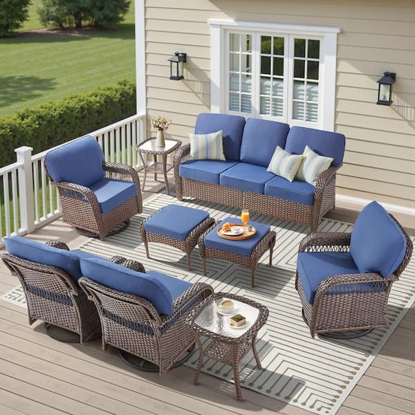 Tyber Brown Wicker 9-Piece Outdoor Conversation Set Patio Swivel Glider Furniture Sets with 5 in. Thick Blue Cushions