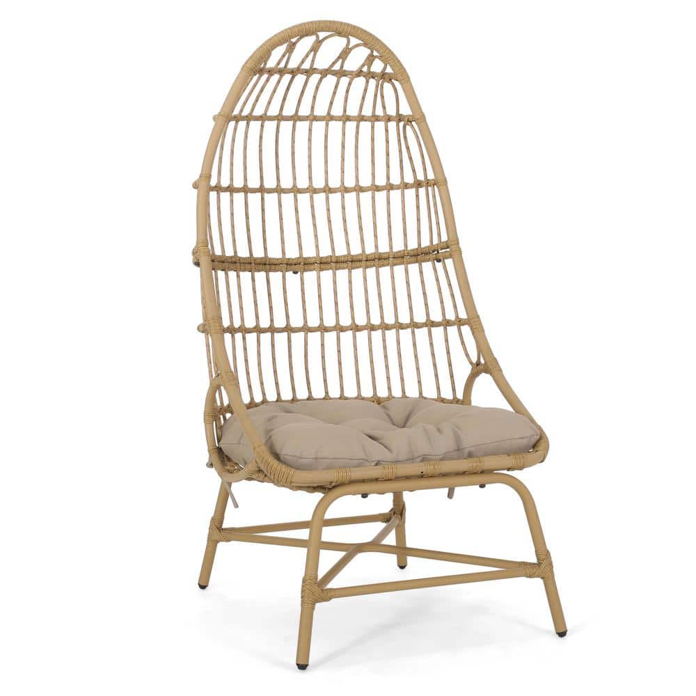 Light Brown Wicker Outdoor Chaise Lounge Basket Chair with Beige Water Resi