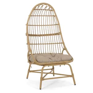 Light Brown Wicker Outdoor Chaise Lounge Basket Chair with Beige Water Resistant Cushions Weight Capacity 400 lbs.