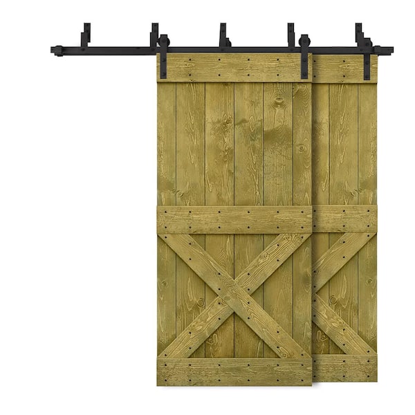 CALHOME 68 in. x 84 in. Mini X-Bypass Jungle Green Stained DIY Solid Wood Interior Double Sliding Barn Door with Hardware Kit