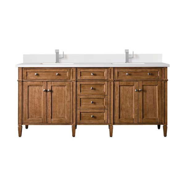 James Martin Vanities Brittany 72.0 in. W x 23.5 in. D x 34.0 in. H Bathroom Vanity in Saddle Brown with White Zeus Silestone Quartz Top