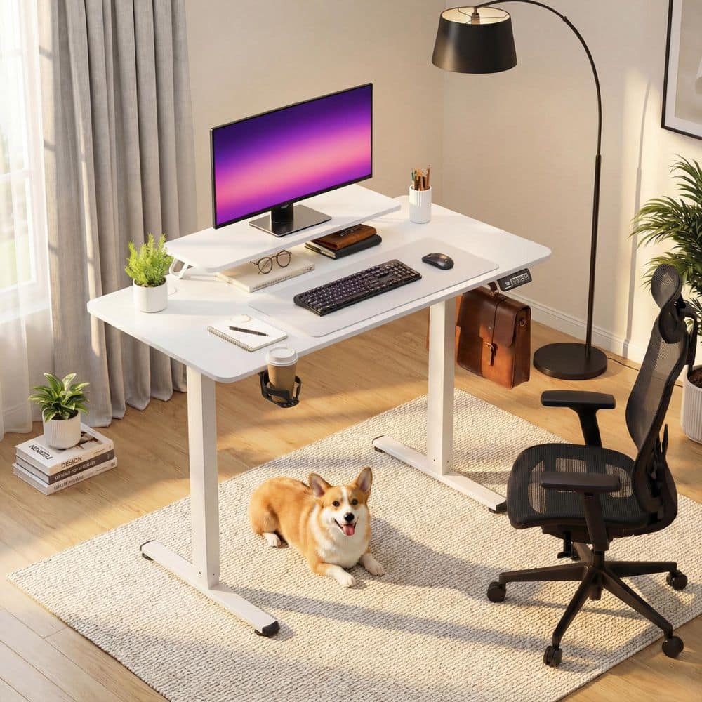 LACOO 47 in. Rectangular White Electric Standing Desk with Monitor