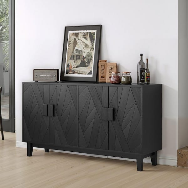 Isaac Black Wood 55.43 in. Buffet Storage Sideboard, Storage Cabinet with 4 Doors, Adjustable Shelves