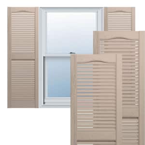 14-1/2 in. x 30 in. Lifetime Vinyl Custom Cathedral Top Center Mullion Open Louvered Shutters Pair Wicker