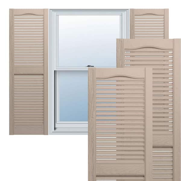 Ekena Millwork 14-1/2 in. x 48 in. Lifetime Vinyl Standard Cathedral Top Center Mullion Open Louvered Shutters Pair Wicker