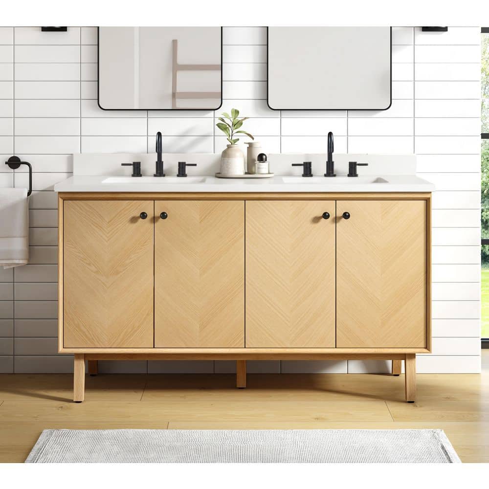 Adele 61 in. Double Sink Natural Oak Bath Vanity with White Engineered Stone Top price history on PriceWatchPro